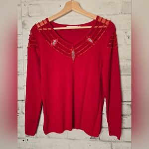 Beta’s Choice Red Sheer Mesh Beaded Sweater Vintage Glam Long Sleeve L